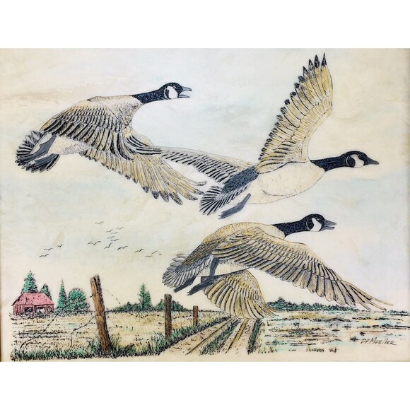 Vintage Canadian Geese In Flight Farm Scene Marble Etching Framed Signed - Picture 2 of 6